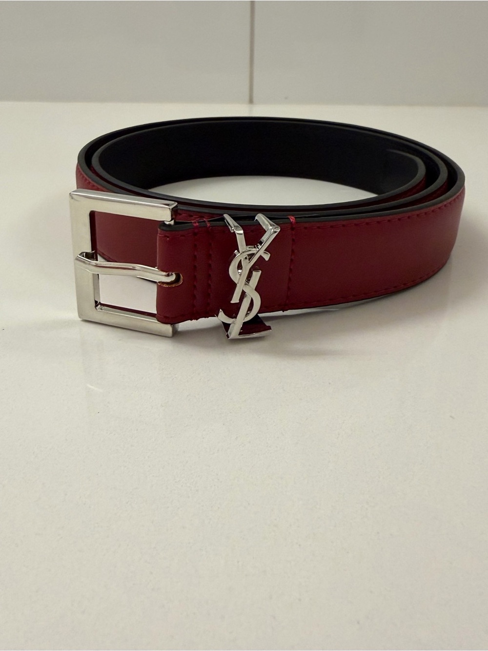 Yves Saint Laurent Burgundy Leather Belt with Silver YSL Charm and Buckle